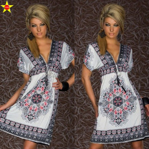 Bohemian Plus Size Casual Women Dresses 2019 Summer Style Print Deep V Silk Dress Backless Sexy Women Dresses Beach Style